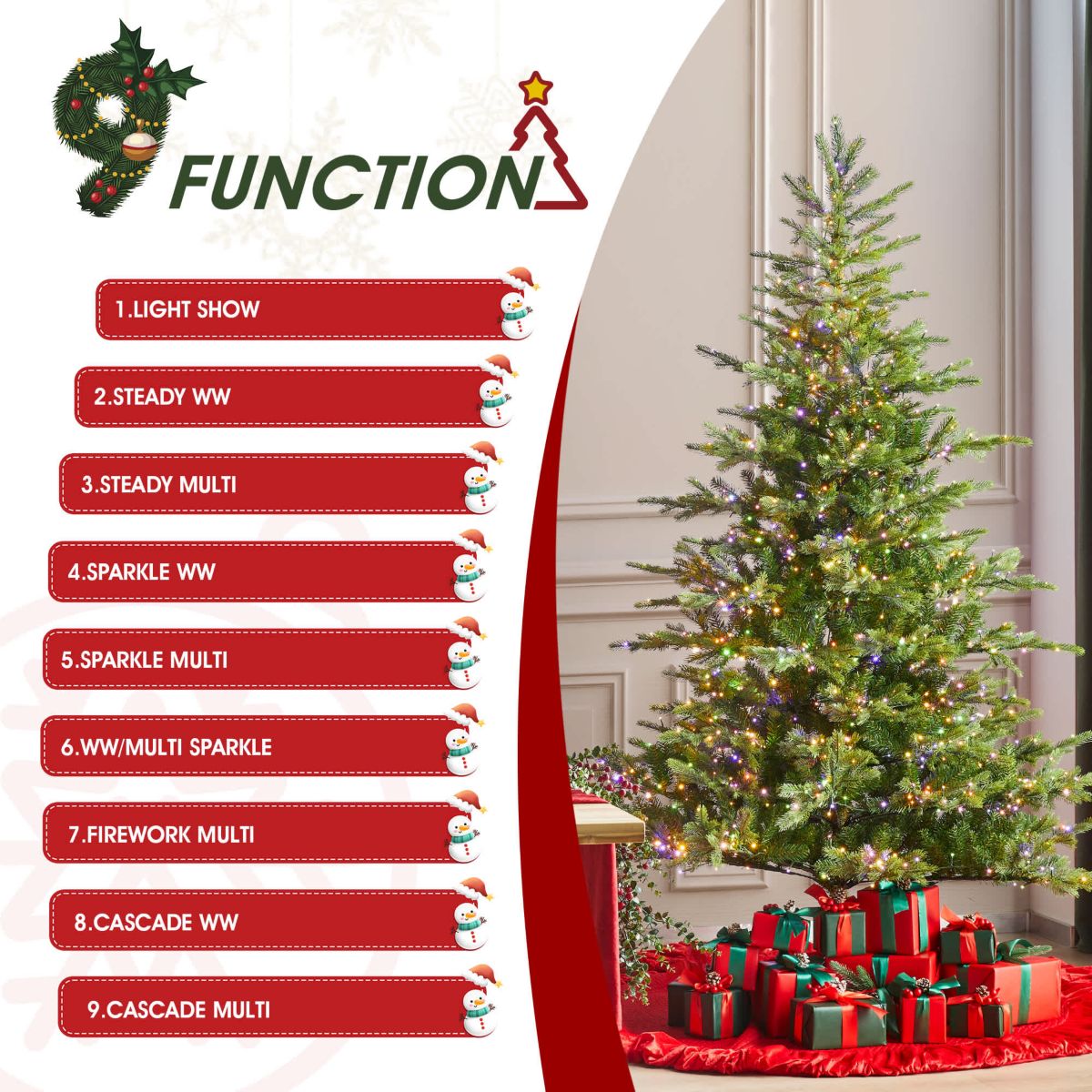 7.5ft Pre-Lit Green Full Fir Artificial Christmas Tree with 1600 Warm White/Multi-color Horse Race LED Lights, 9 Function w/Foot Pedal and Remote Control, Simple Setup