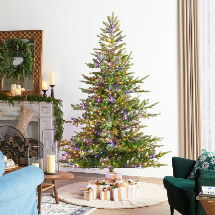 7.5ft Pre-Lit Green Full Fir Artificial Christmas Tree with 1600 Warm White/Multi-color Horse Race LED Lights, 9 Function w/Foot Pedal and Remote Control, Simple Setup