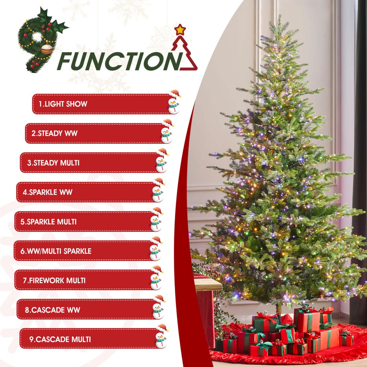 9ft Pre-Lit Green Full Fir Artificial Christmas Tree with 2000 Warm White/Multi-color Horse Race LED Lights, 9 Function w/Foot Pedal and Remote Control, Simple Setup