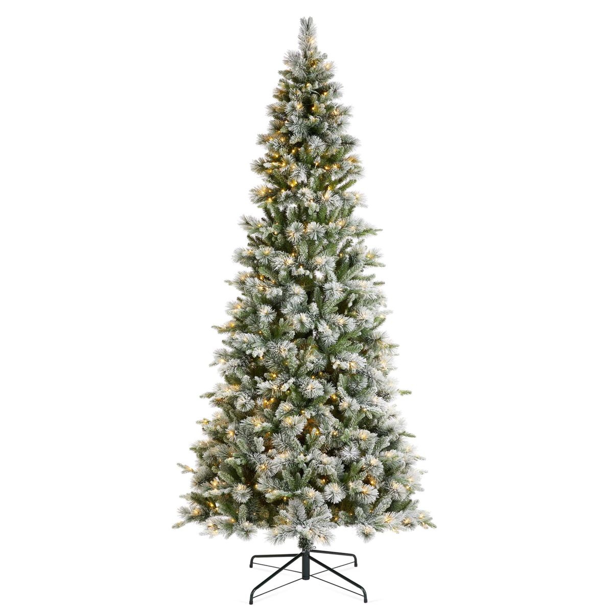 9ft Pre-Lit Flocked Slim Pine Artificial Christmas Tree with 600 Warm White LED lights, 3 function w/ Foot Pedal and Remote Control, Simple Setup