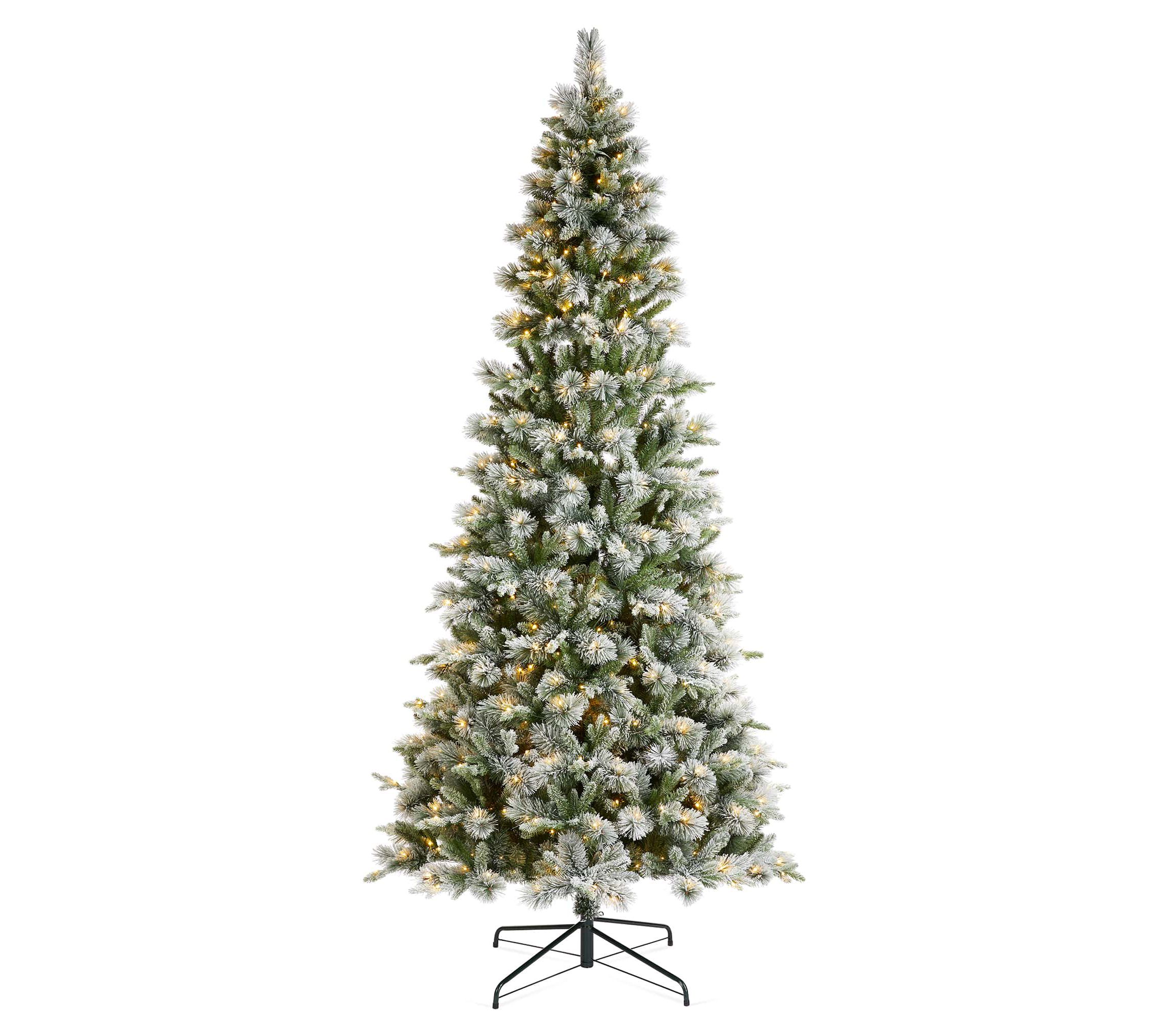 9ft Pre-Lit Flocked Slim Pine Artificial Christmas Tree with 600 Warm White LED lights, 3 function w/ Foot Pedal and Remote Control, Simple Setup
