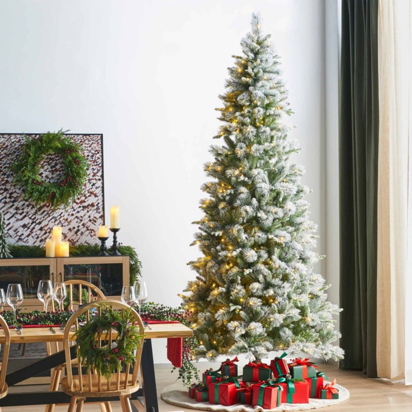 9ft Pre-Lit Flocked Slim Pine Artificial Christmas Tree with 600 Warm White LED lights, 3 function w/ Foot Pedal and Remote Control, Simple Setup