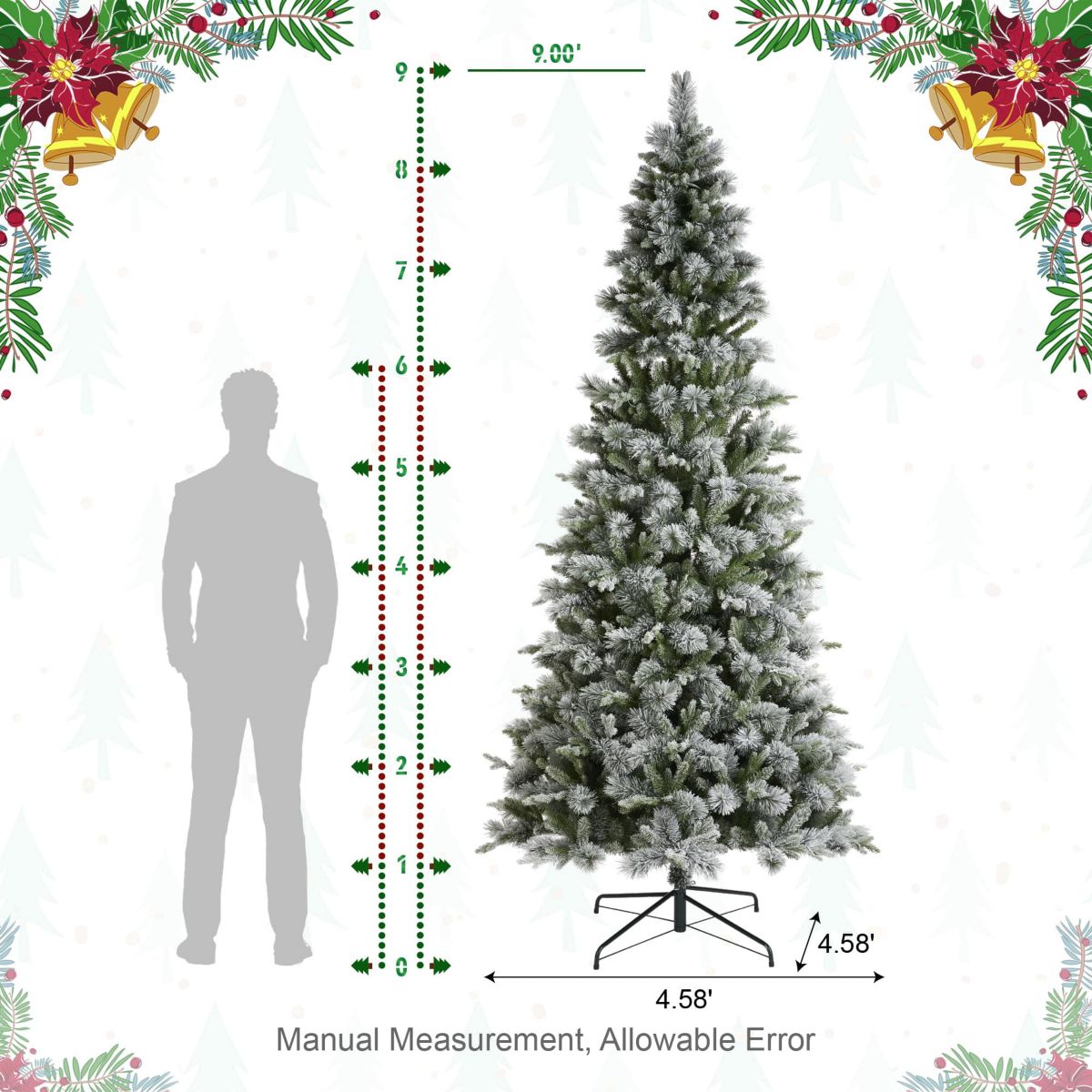 9ft Pre-Lit Flocked Slim Pine Artificial Christmas Tree with 600 Warm White LED lights, 3 function w/ Foot Pedal and Remote Control, Simple Setup