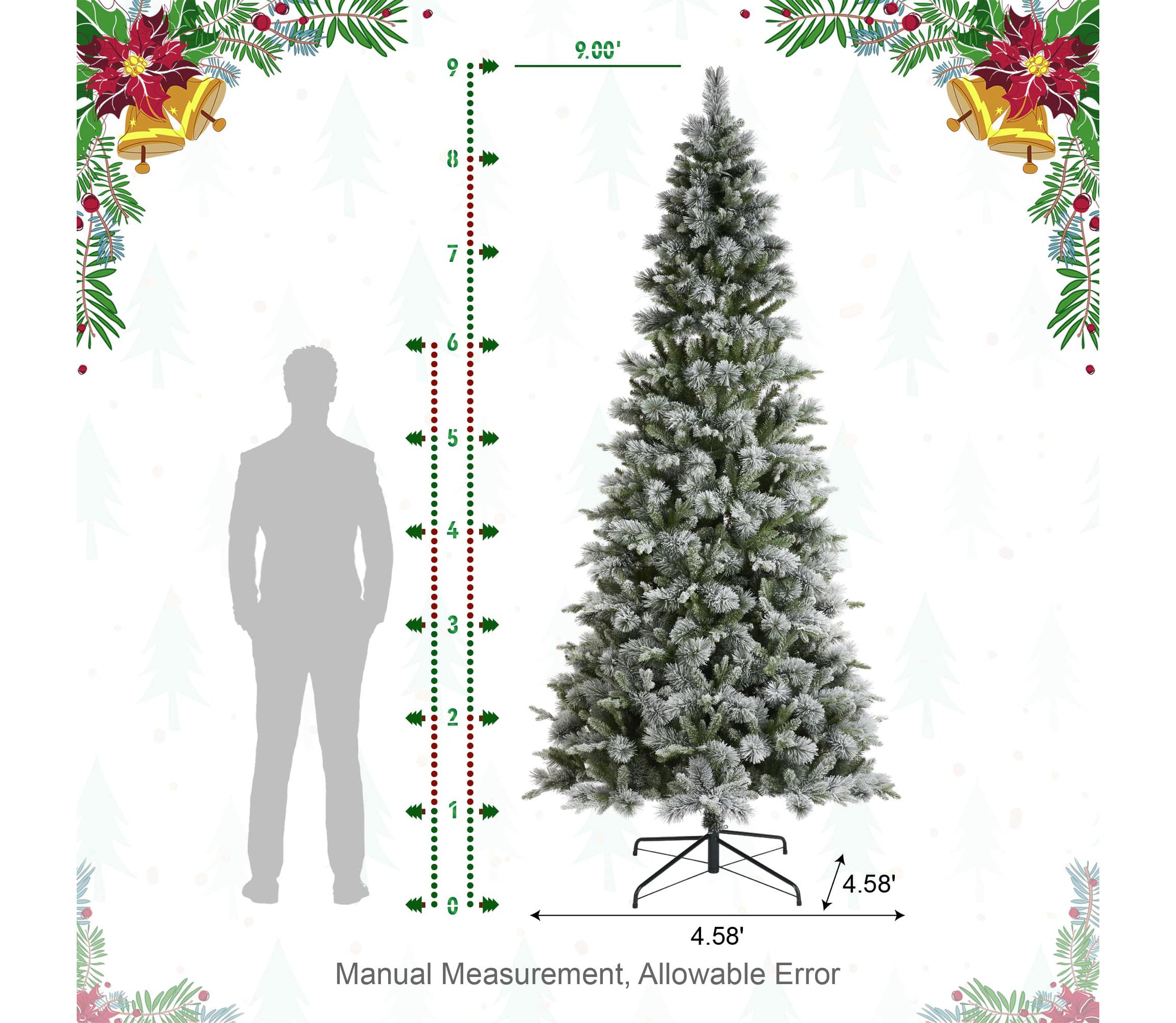 9ft Pre-Lit Flocked Slim Pine Artificial Christmas Tree with 600 Warm White LED lights, 3 function w/ Foot Pedal and Remote Control, Simple Setup