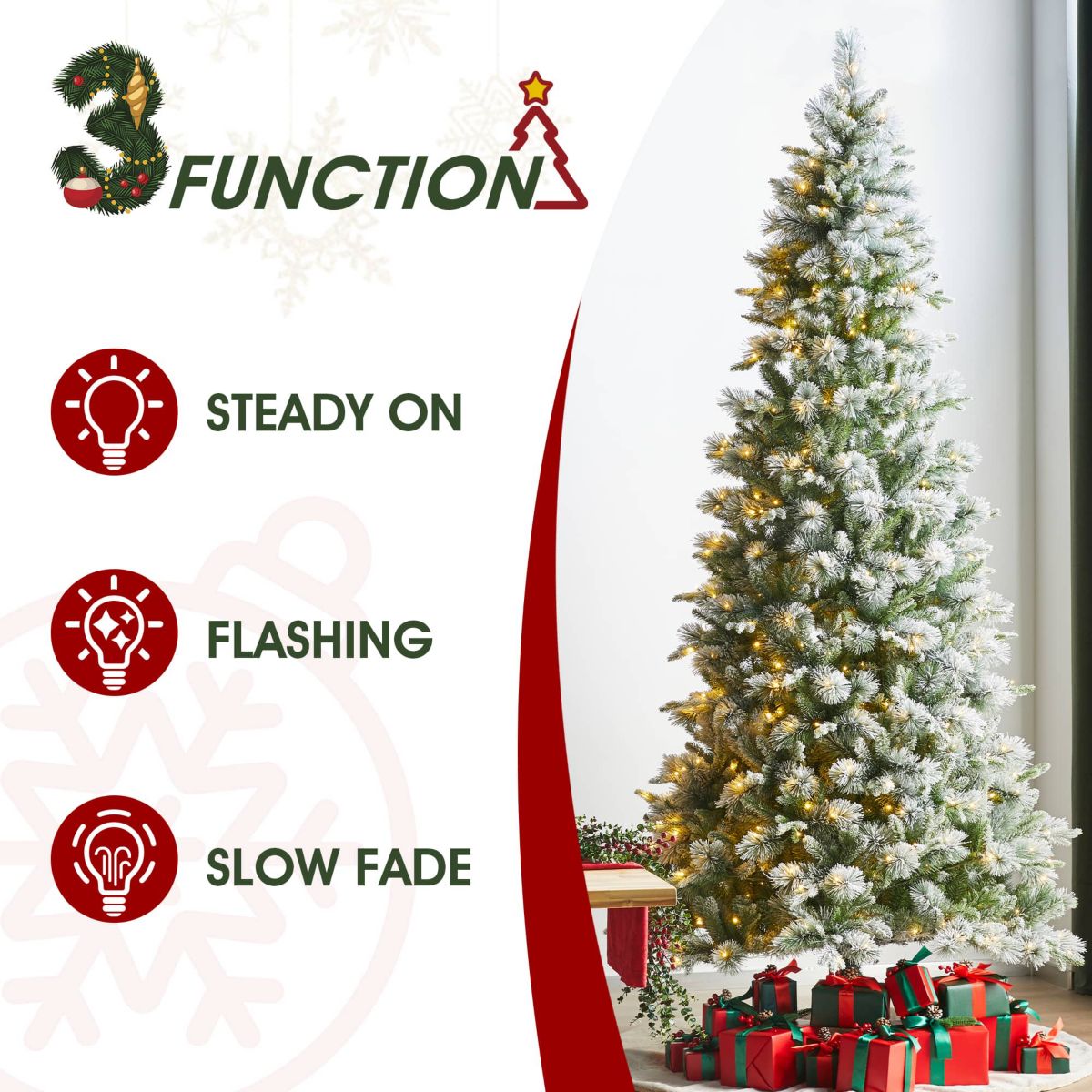 9ft Pre-Lit Flocked Slim Pine Artificial Christmas Tree with 600 Warm White LED lights, 3 function w/ Foot Pedal and Remote Control, Simple Setup