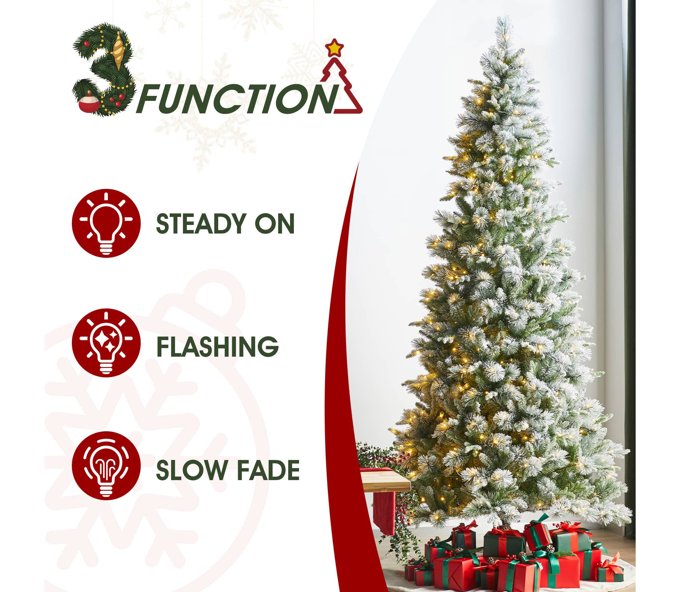 9ft Pre-Lit Flocked Slim Pine Artificial Christmas Tree with 600 Warm White LED lights, 3 function w/ Foot Pedal and Remote Control, Simple Setup