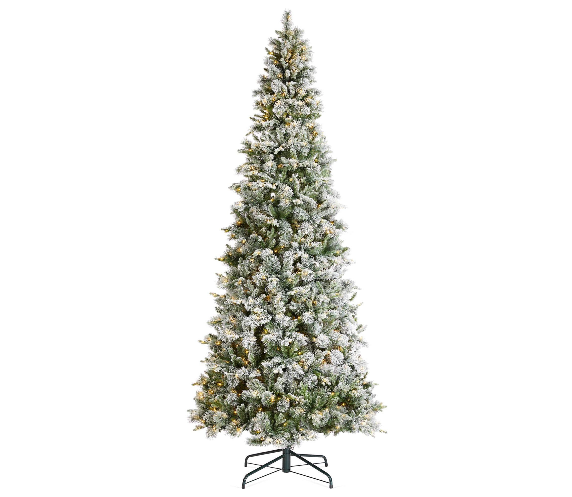 11ft Pre-Lit Flocked Slim Pine Artificial Christmas Tree with 850 Warm White LED lights, 3 funtion w/ Foot Pedal and Remote Control, Simple Setup