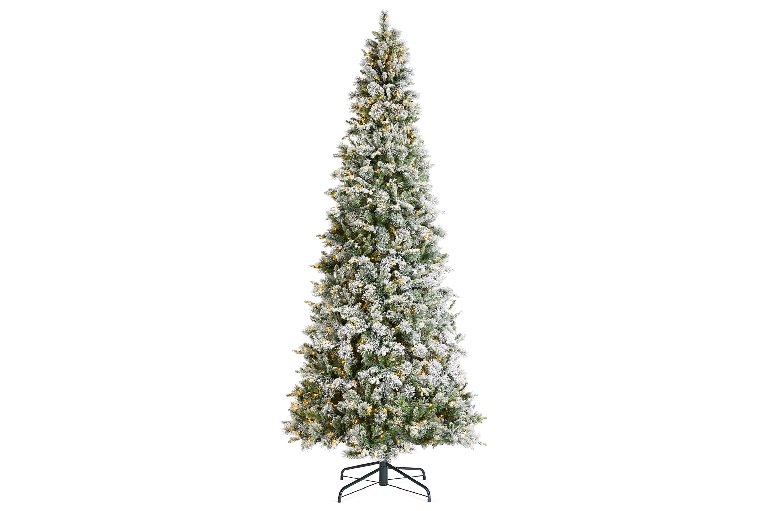 11ft Pre-Lit Flocked Slim Pine Artificial Christmas Tree with 850 Warm White LED lights, 3 funtion w/ Foot Pedal and Remote Control, Simple Setup