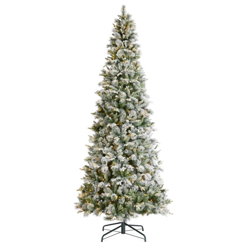 11ft Pre-Lit Flocked Slim Pine Artificial Christmas Tree with 850 Warm White LED lights, 3 funtion w/ Foot Pedal and Remote Control, Simple Setup