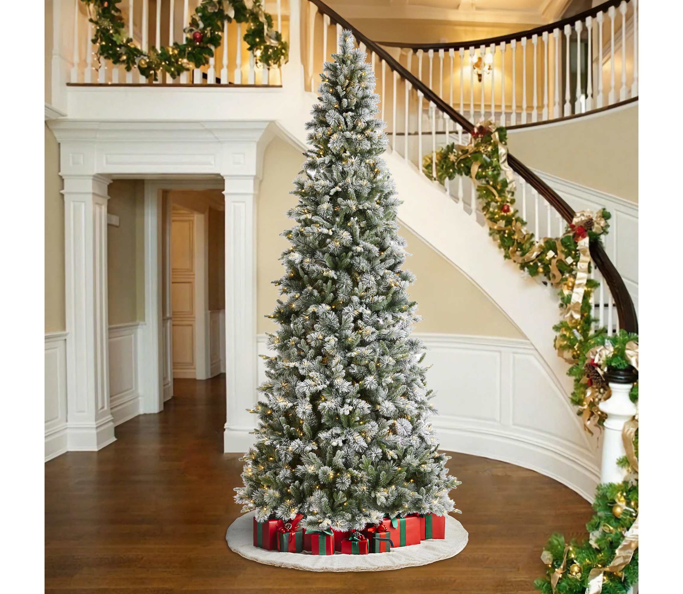 11ft Pre-Lit Flocked Slim Pine Artificial Christmas Tree with 850 Warm White LED lights, 3 funtion w/ Foot Pedal and Remote Control, Simple Setup