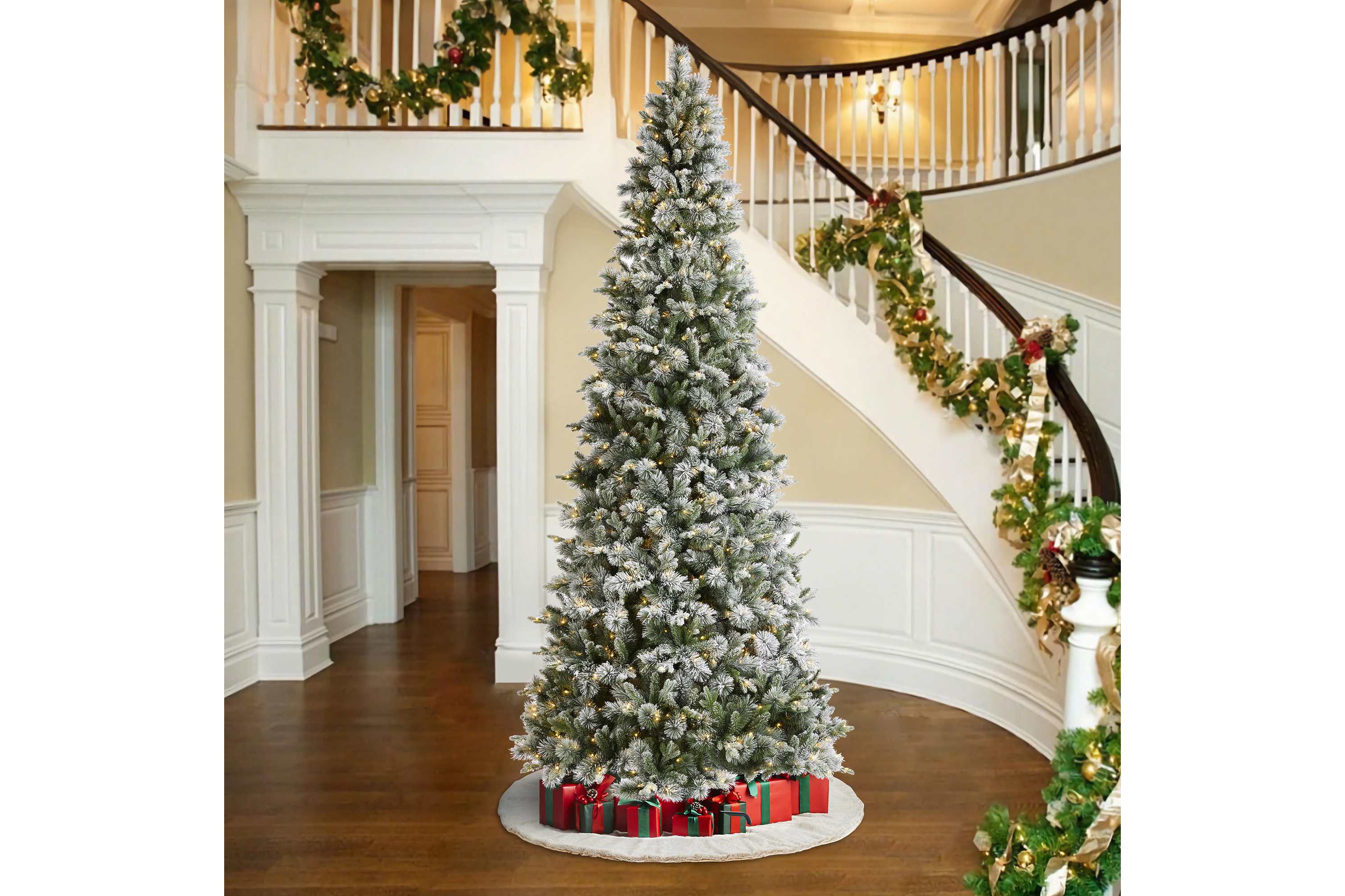 11ft Pre-Lit Flocked Slim Pine Artificial Christmas Tree with 850 Warm White LED lights, 3 funtion w/ Foot Pedal and Remote Control, Simple Setup