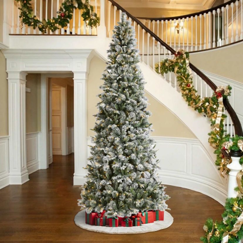 11ft Pre-Lit Flocked Slim Pine Artificial Christmas Tree with 850 Warm White LED lights, 3 funtion w/ Foot Pedal and Remote Control, Simple Setup