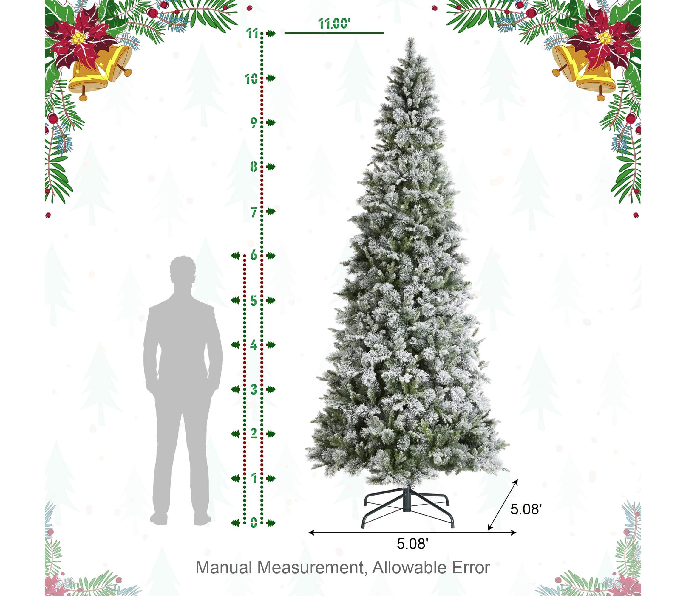 11ft Pre-Lit Flocked Slim Pine Artificial Christmas Tree with 850 Warm White LED lights, 3 funtion w/ Foot Pedal and Remote Control, Simple Setup