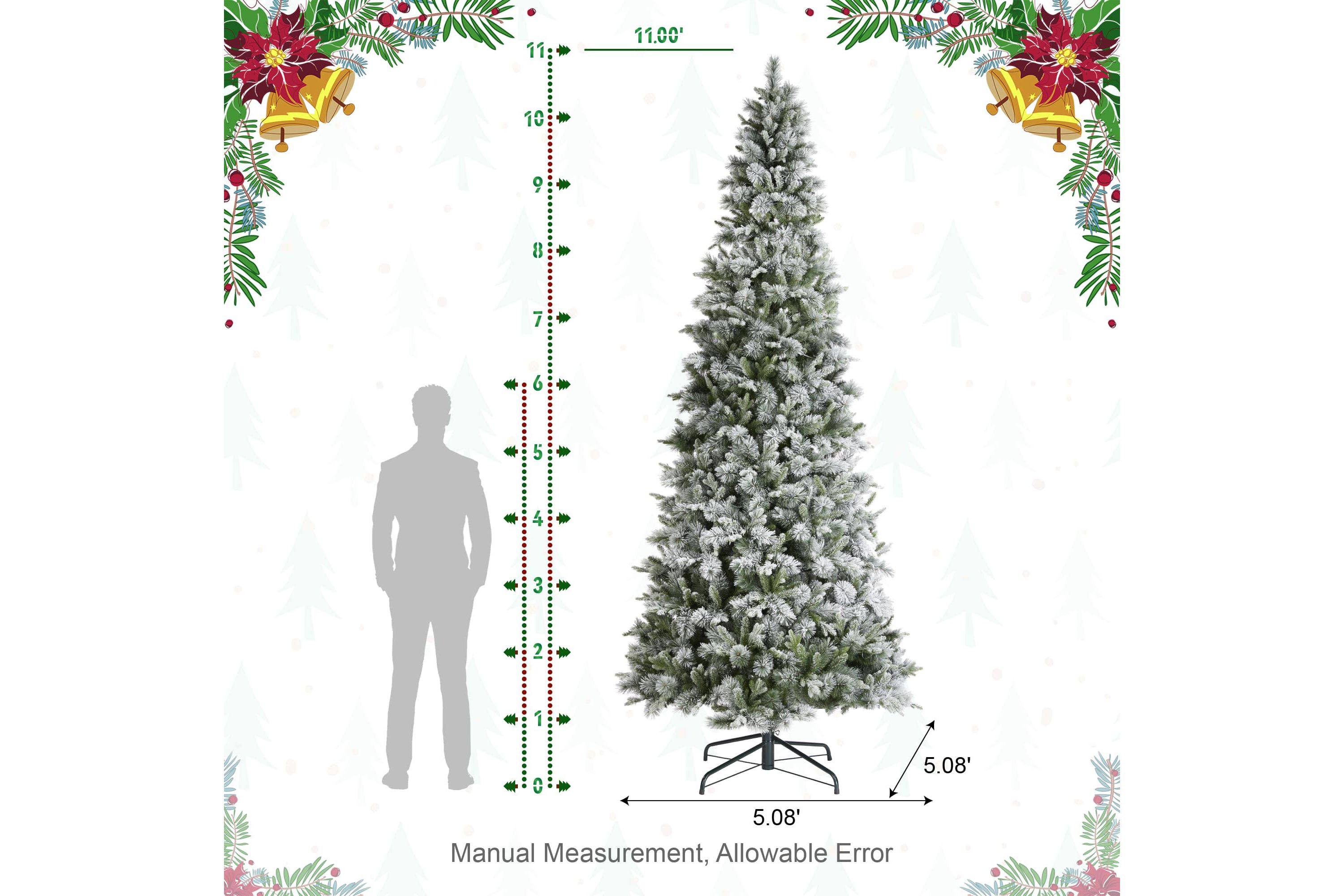 11ft Pre-Lit Flocked Slim Pine Artificial Christmas Tree with 850 Warm White LED lights, 3 funtion w/ Foot Pedal and Remote Control, Simple Setup