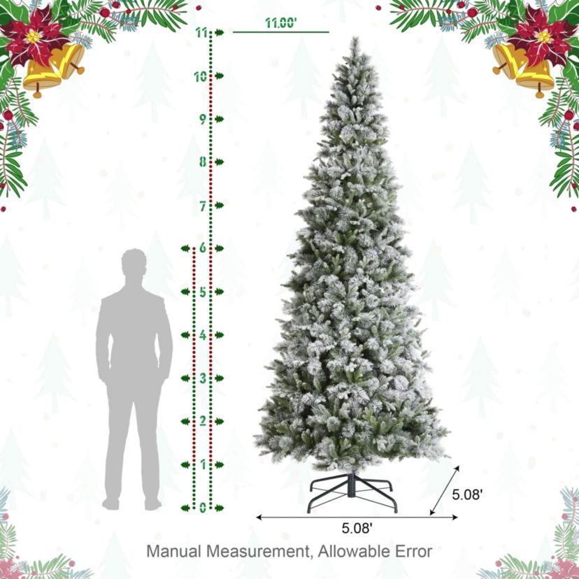 11ft Pre-Lit Flocked Slim Pine Artificial Christmas Tree with 850 Warm White LED lights, 3 funtion w/ Foot Pedal and Remote Control, Simple Setup
