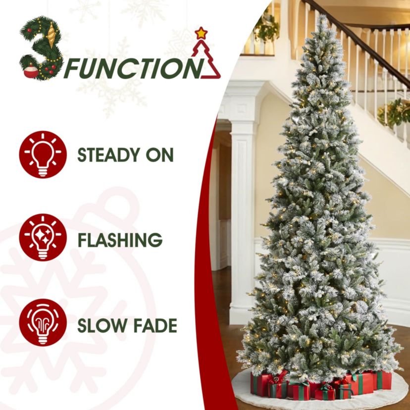 11ft Pre-Lit Flocked Slim Pine Artificial Christmas Tree with 850 Warm White LED lights, 3 funtion w/ Foot Pedal and Remote Control, Simple Setup