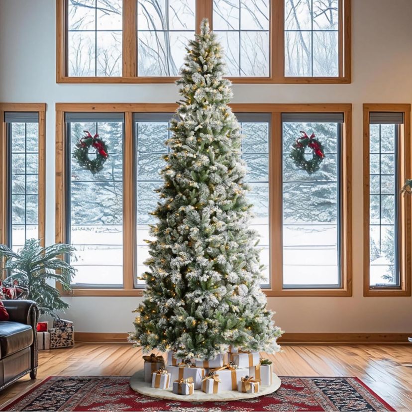 11ft Pre-Lit Flocked Slim Pine Artificial Christmas Tree with 850 Warm White LED lights, 3 funtion w/ Foot Pedal and Remote Control, Simple Setup
