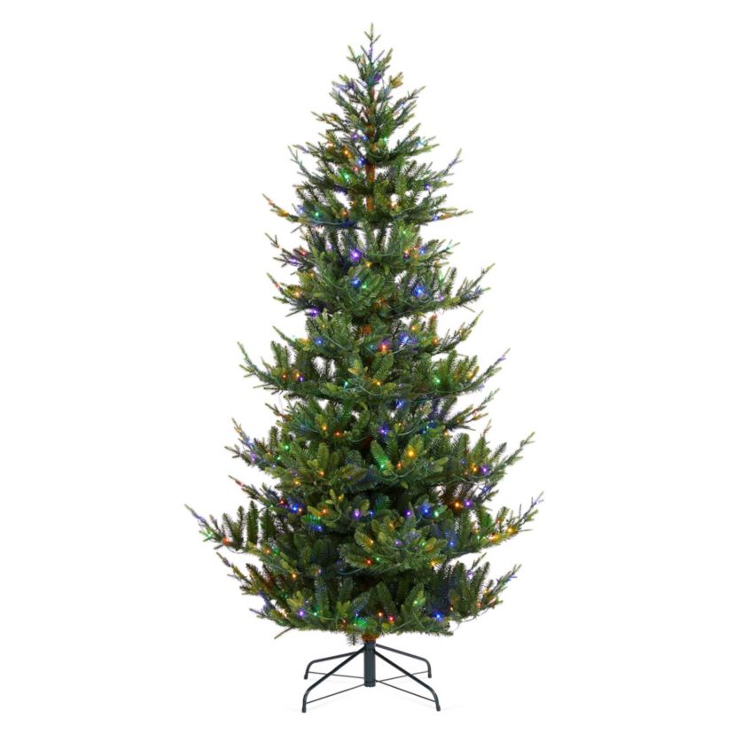 7.5ft Pre-Lit Green Upward Slim Fir Artificial Christmas Tree with 500 Warm White and Multi-color LED lights, 9 function w/ Foot Pedal and Remote Control