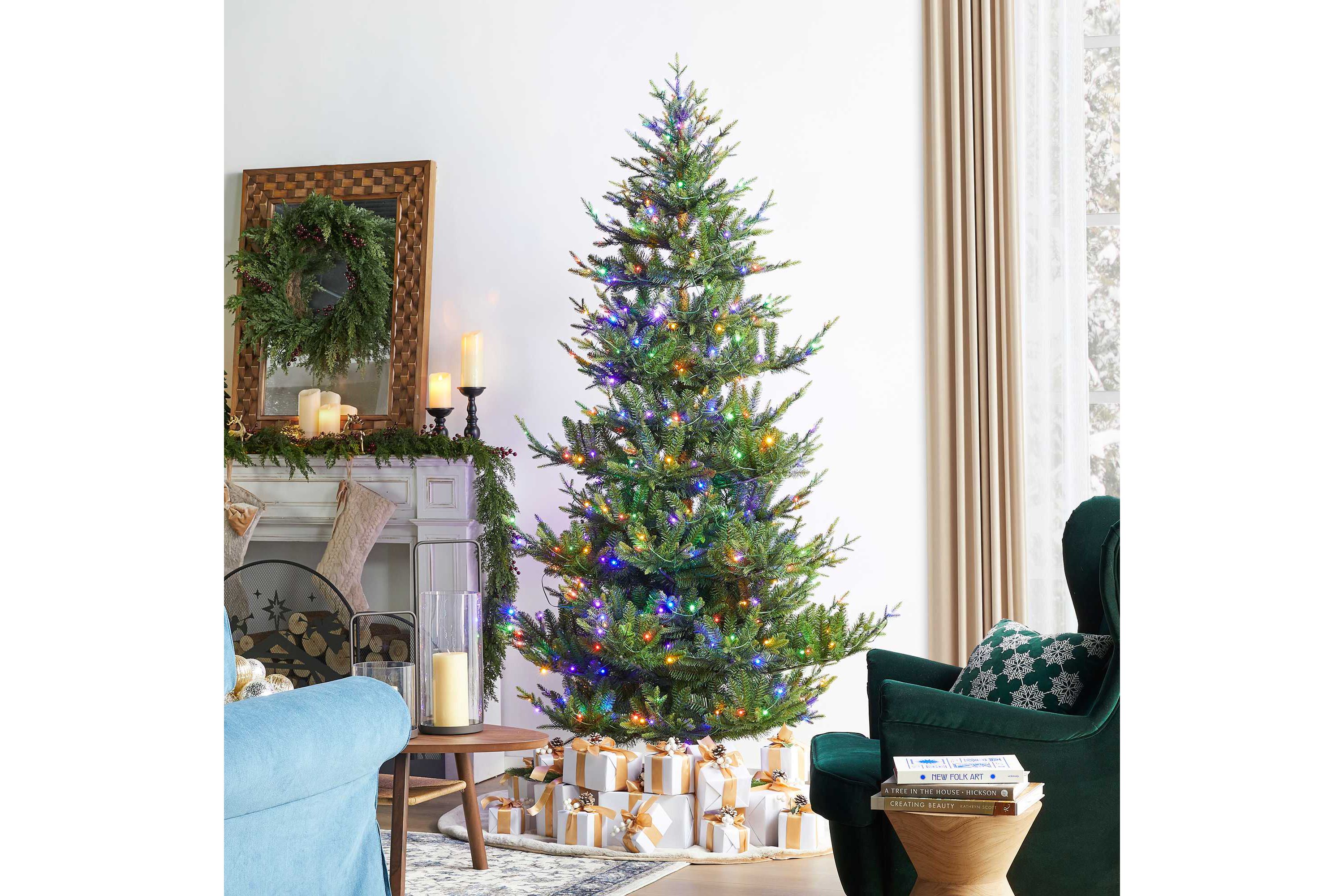 7.5ft Pre-Lit Green Upward Slim Fir Artificial Christmas Tree with 500 Warm White and Multi-color LED lights, 9 function w/ Foot Pedal and Remote Control