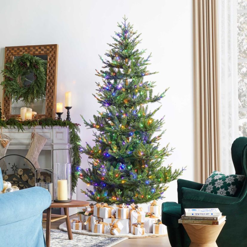 7.5ft Pre-Lit Green Upward Slim Fir Artificial Christmas Tree with 500 Warm White and Multi-color LED lights, 9 function w/ Foot Pedal and Remote Control