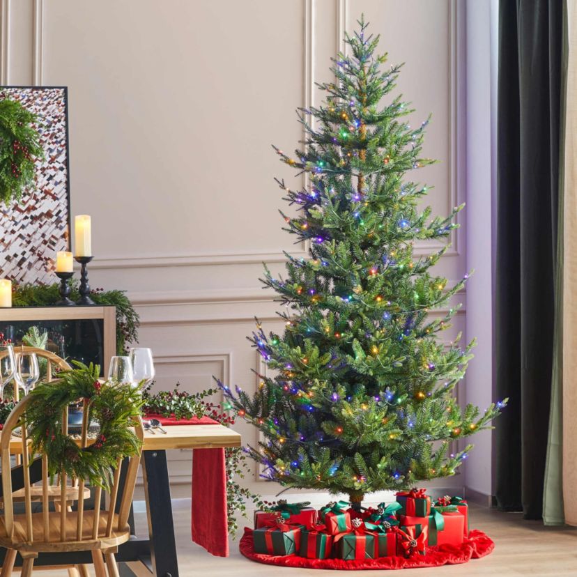 7.5ft Pre-Lit Green Upward Slim Fir Artificial Christmas Tree with 500 Warm White and Multi-color LED lights, 9 function w/ Foot Pedal and Remote Control