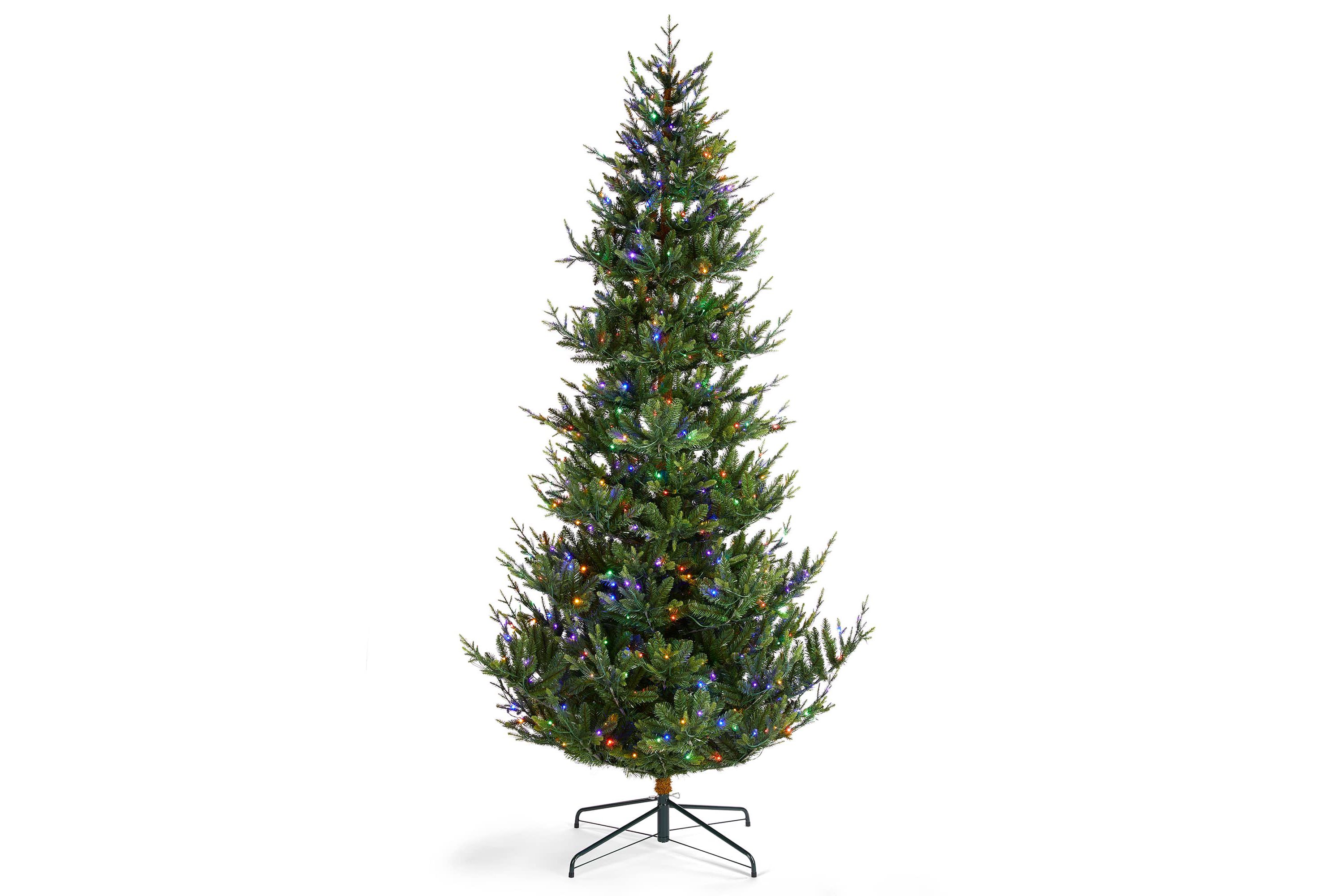 9ft Pre-Lit Green Upward Slim Fir Artificial Christmas Tree with 700 Warm White and Multi-color LED Lights, 9 function w/ Foot Pedal and Remote Control, Simple Setup