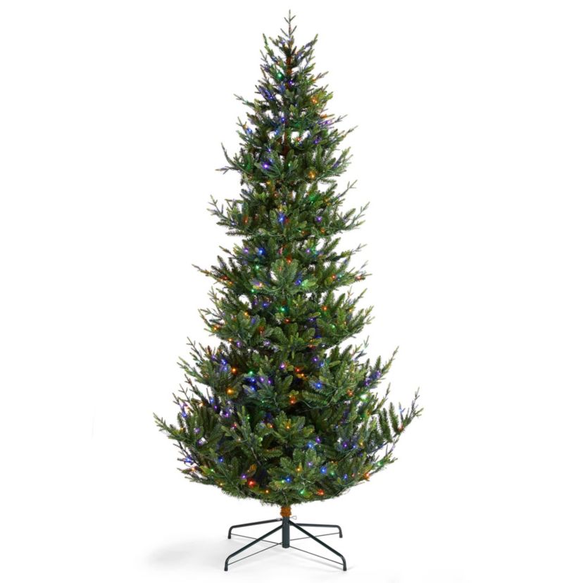 9ft Pre-Lit Green Upward Slim Fir Artificial Christmas Tree with 700 Warm White and Multi-color LED Lights, 9 function w/ Foot Pedal and Remote Control, Simple Setup