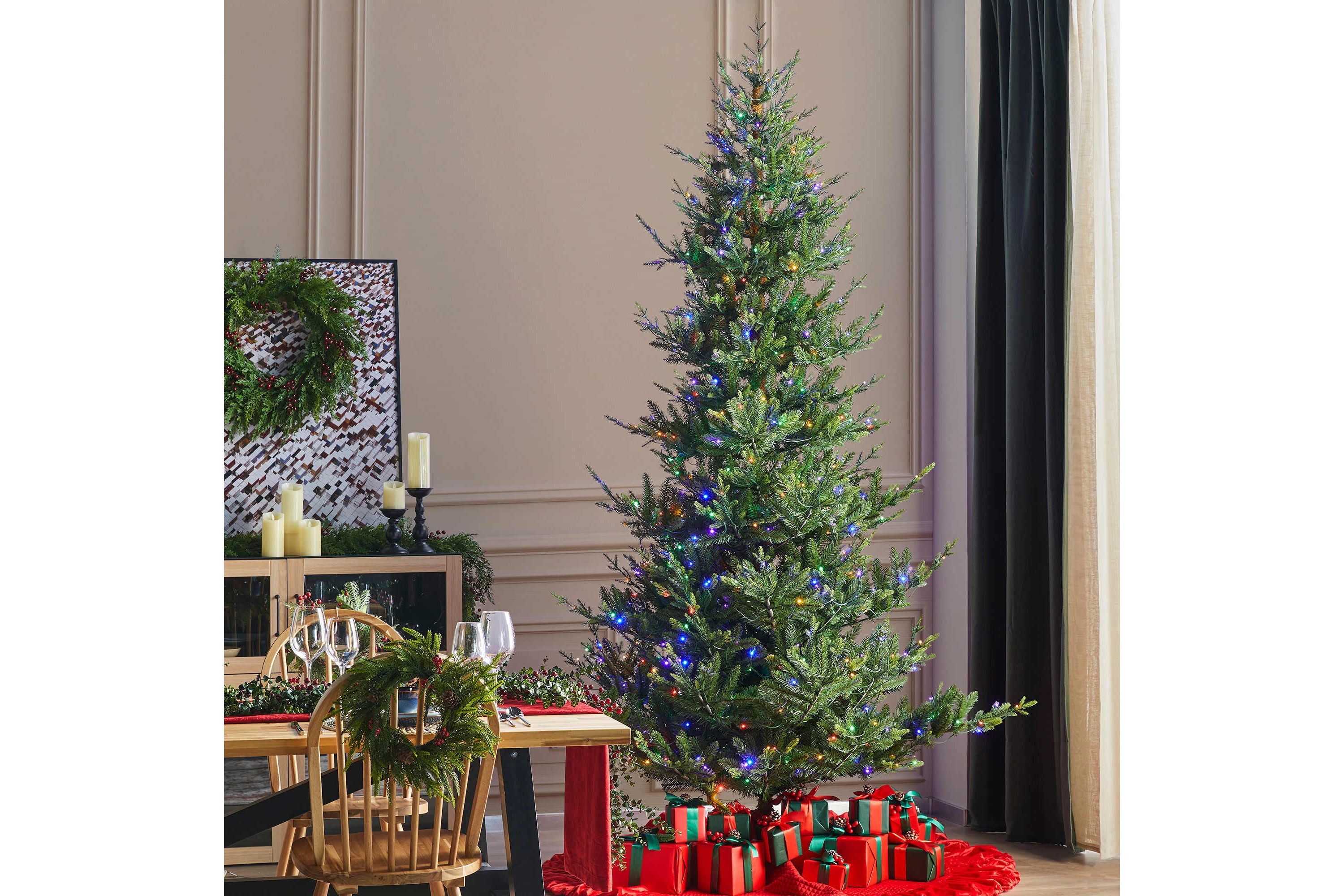 9ft Pre-Lit Green Upward Slim Fir Artificial Christmas Tree with 700 Warm White and Multi-color LED Lights, 9 function w/ Foot Pedal and Remote Control, Simple Setup