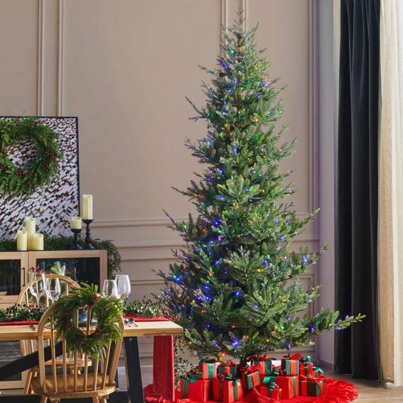 9ft Pre-Lit Green Upward Slim Fir Artificial Christmas Tree with 700 Warm White and Multi-color LED Lights, 9 function w/ Foot Pedal and Remote Control, Simple Setup