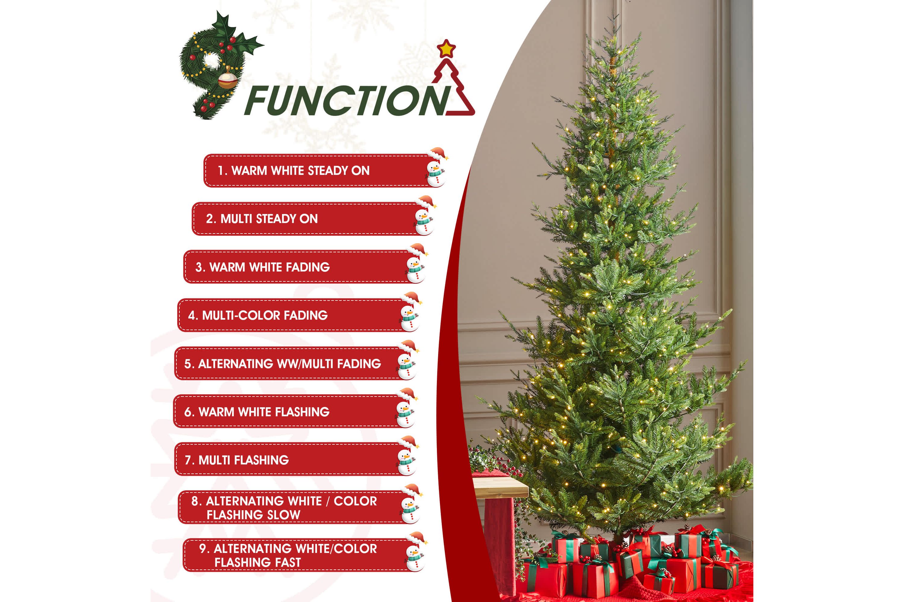 9ft Pre-Lit Green Upward Slim Fir Artificial Christmas Tree with 700 Warm White and Multi-color LED Lights, 9 function w/ Foot Pedal and Remote Control, Simple Setup