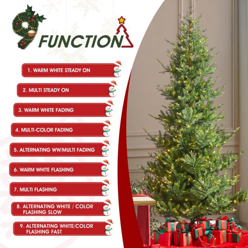 9ft Pre-Lit Green Upward Slim Fir Artificial Christmas Tree with 700 Warm White and Multi-color LED Lights, 9 function w/ Foot Pedal and Remote Control, Simple Setup