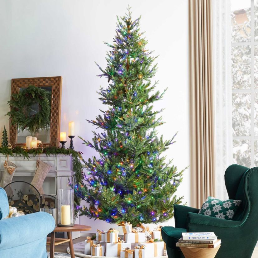 9ft Pre-Lit Green Upward Slim Fir Artificial Christmas Tree with 700 Warm White and Multi-color LED Lights, 9 function w/ Foot Pedal and Remote Control, Simple Setup