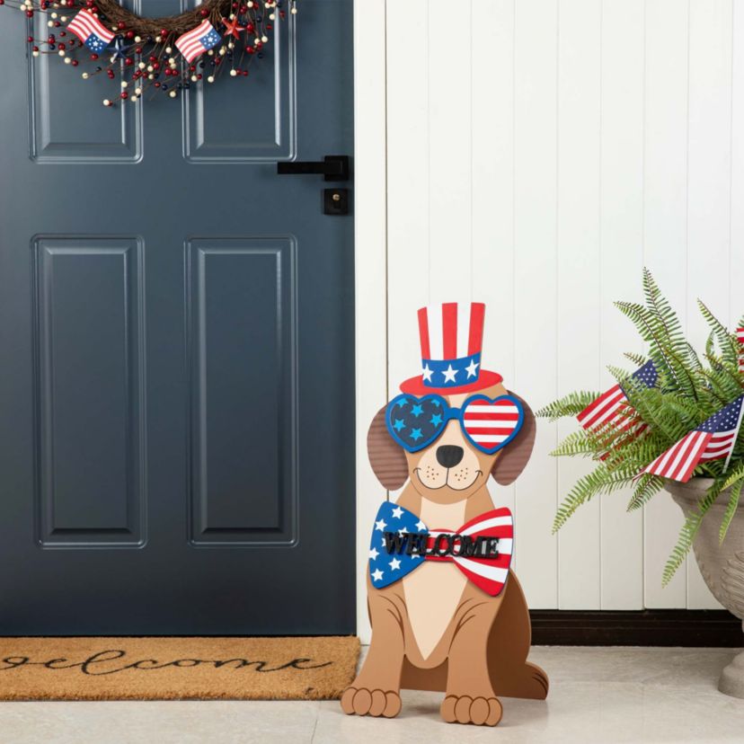 30"H Patriotic/ Americana Wooden Labrador- shape Easel Porch Decor