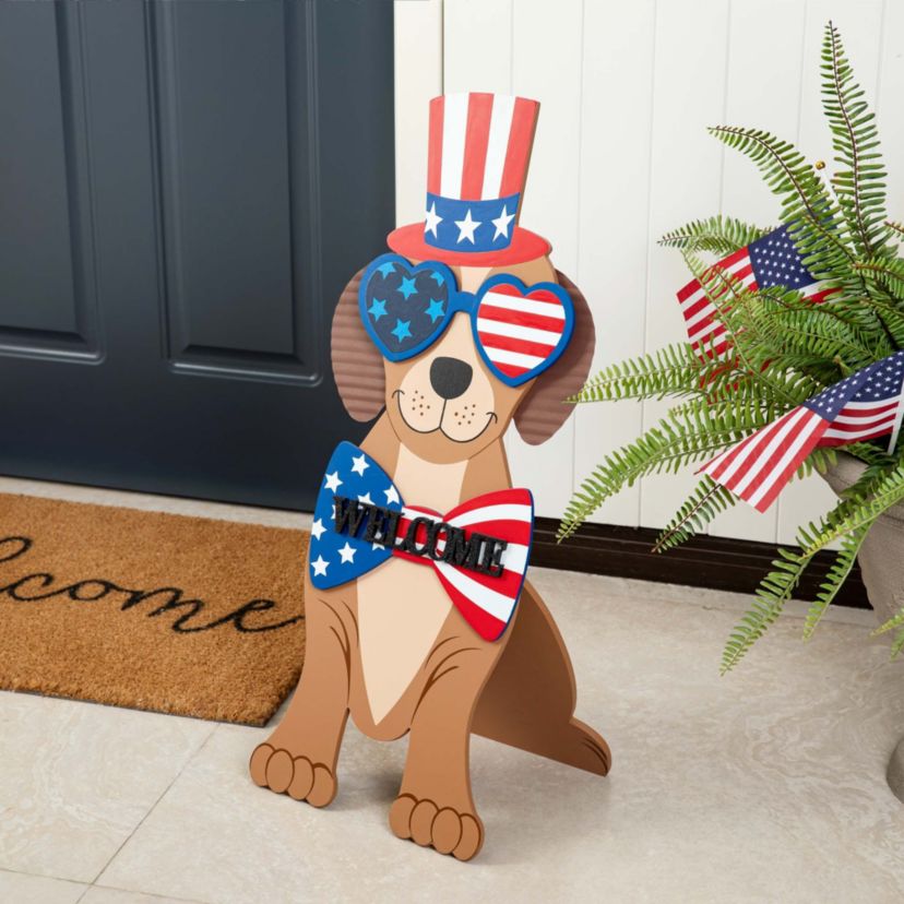 30"H Patriotic/ Americana Wooden Labrador- shape Easel Porch Decor
