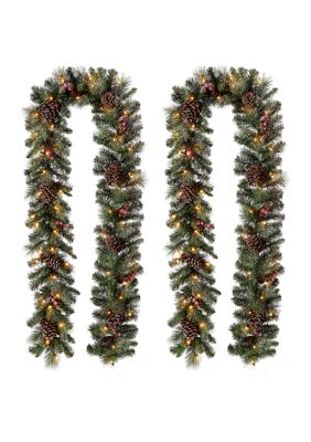 Glitzhome 2 Pack Pre-Lit Glittered Pine Cone Christmas Garland with Warm White LED Lights