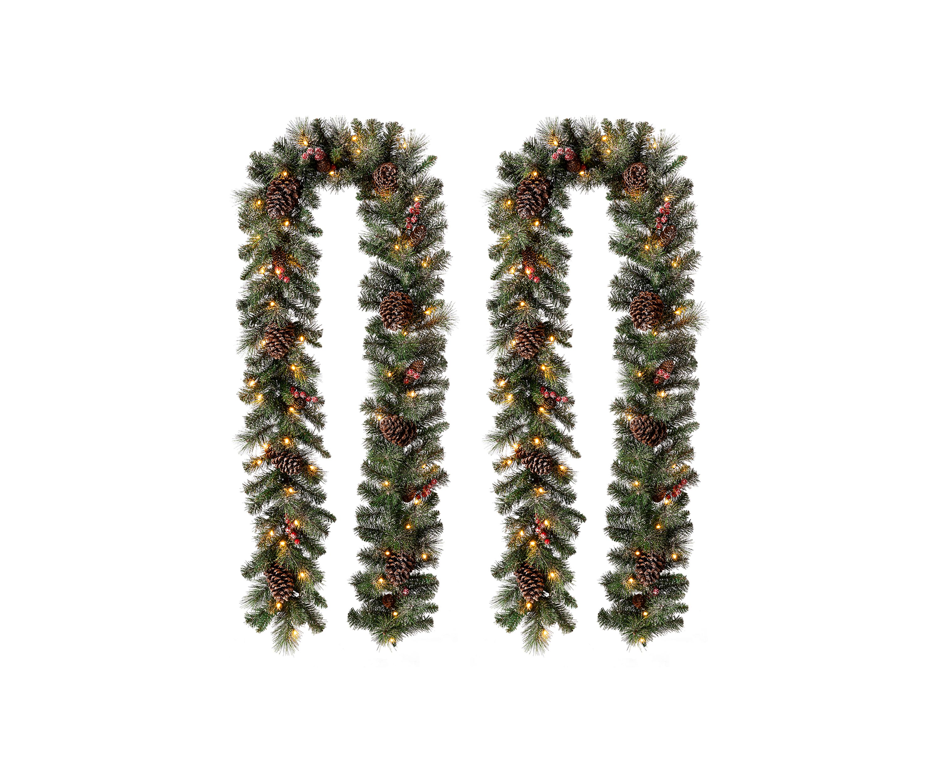 2 Pack Pre-Lit Glittered Pine Cone Christmas Garland with Warm White LED Lights