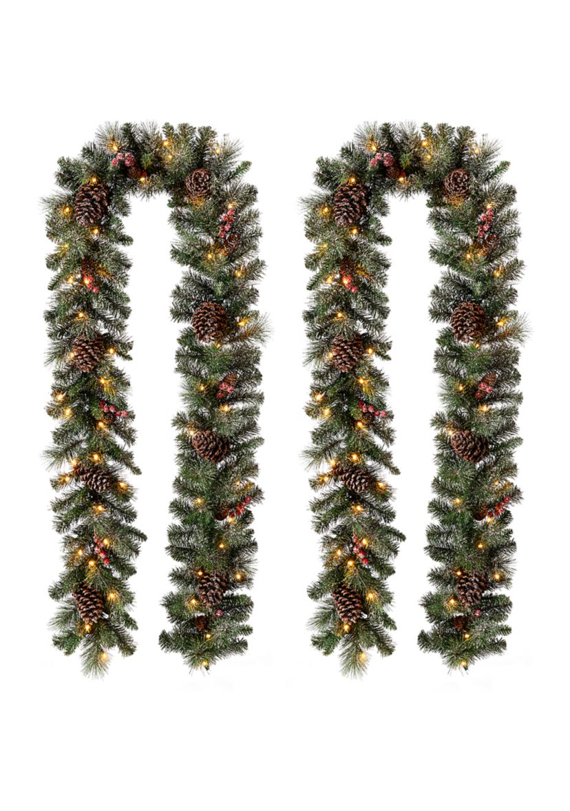 2 Pack Pre-Lit Glittered Pine Cone Christmas Garland with Warm White LED Lights