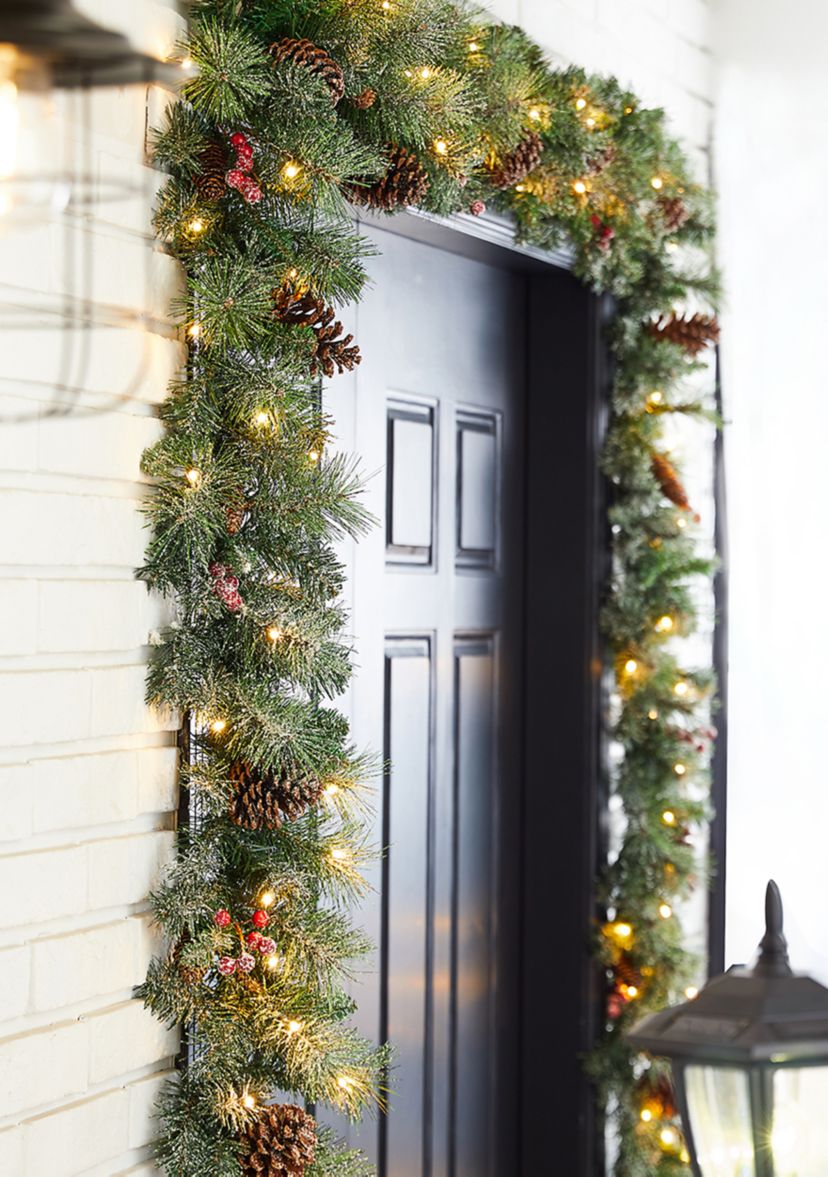 2 Pack Pre-Lit Glittered Pine Cone Christmas Garland with Warm White LED Lights
