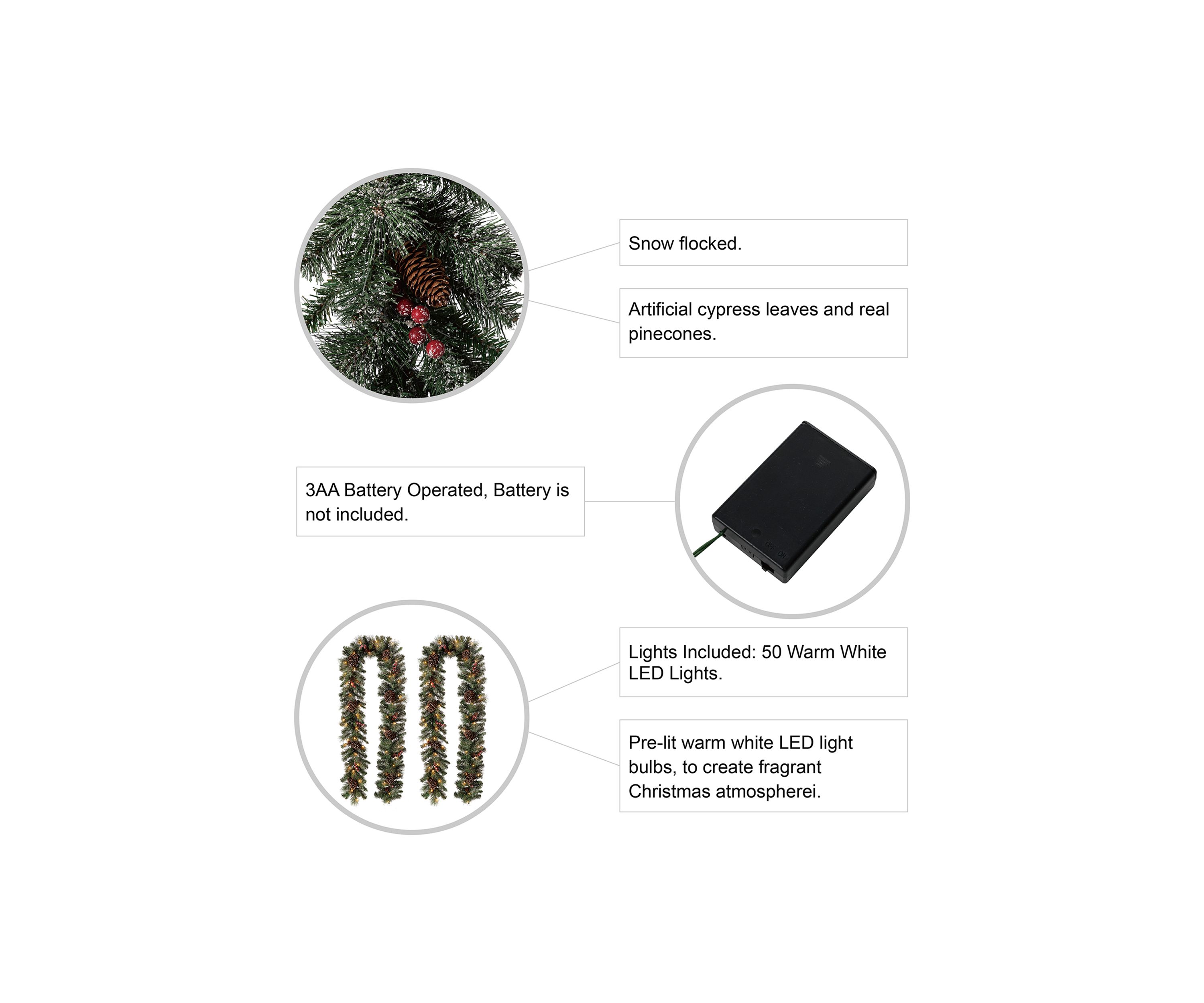 2 Pack Pre-Lit Glittered Pine Cone Christmas Garland with Warm White LED Lights