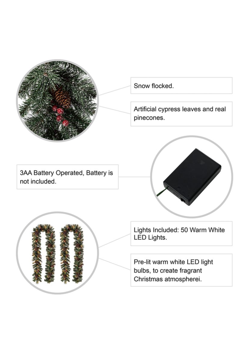 2 Pack Pre-Lit Glittered Pine Cone Christmas Garland with Warm White LED Lights