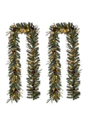 Glitzhome 2 Pack Pre-Lit Greenery Pine Cone Christmas Garland with Warm White LED Lights