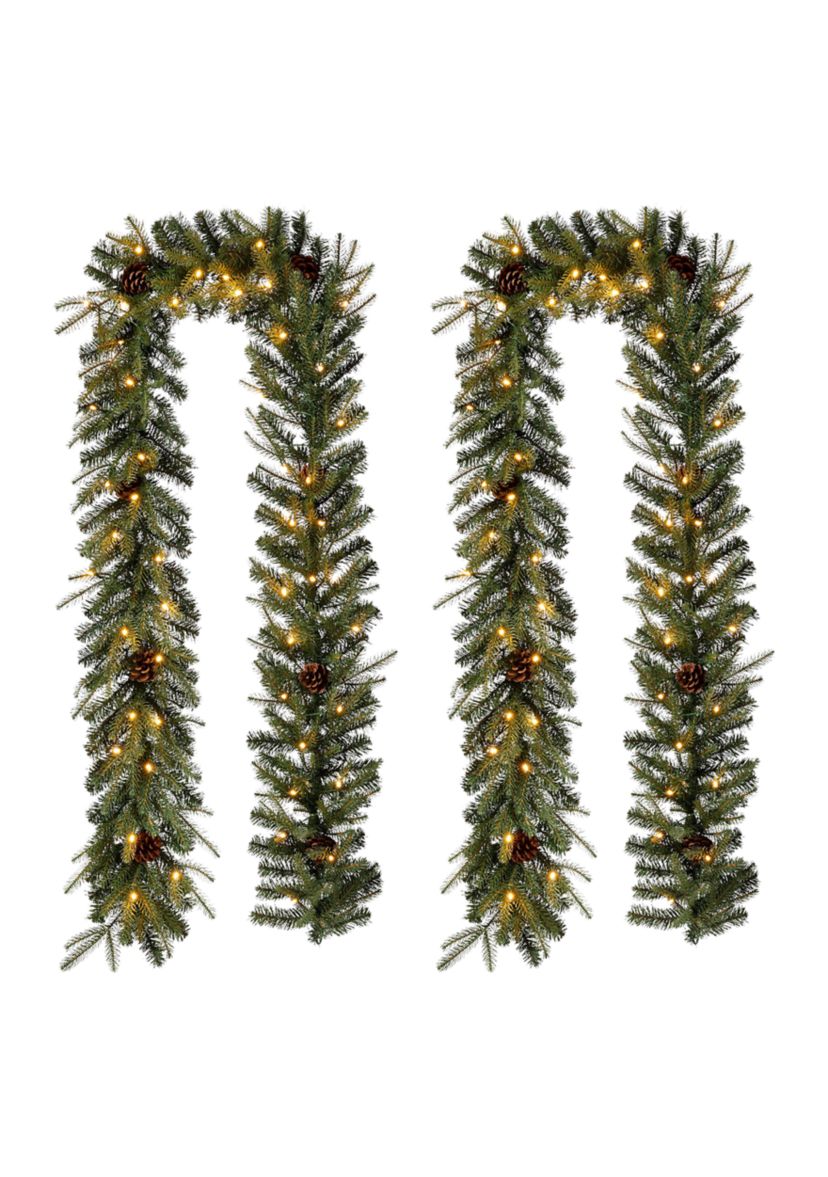 2 Pack Pre-Lit Greenery Pine Cone Christmas Garland with Warm White LED Lights