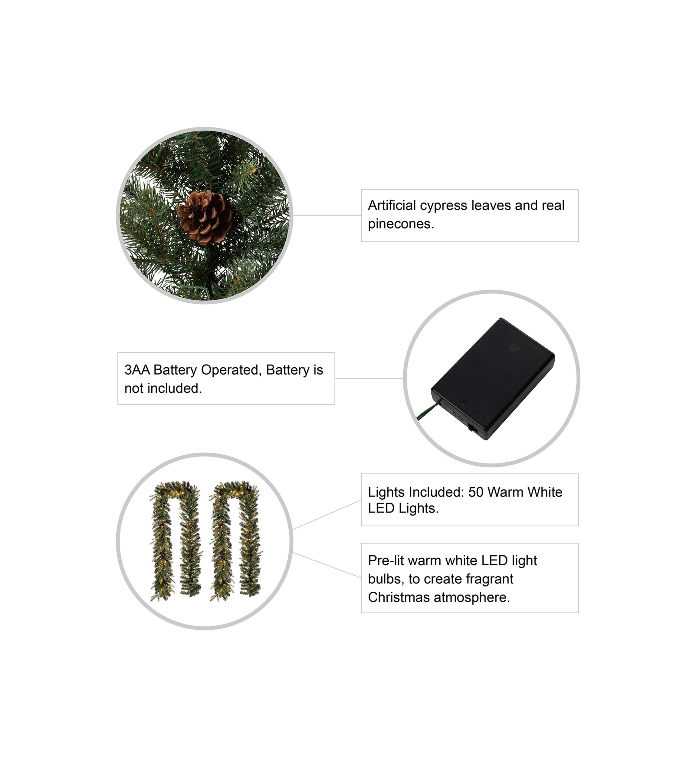 2 Pack Pre-Lit Greenery Pine Cone Christmas Garland with Warm White LED Lights