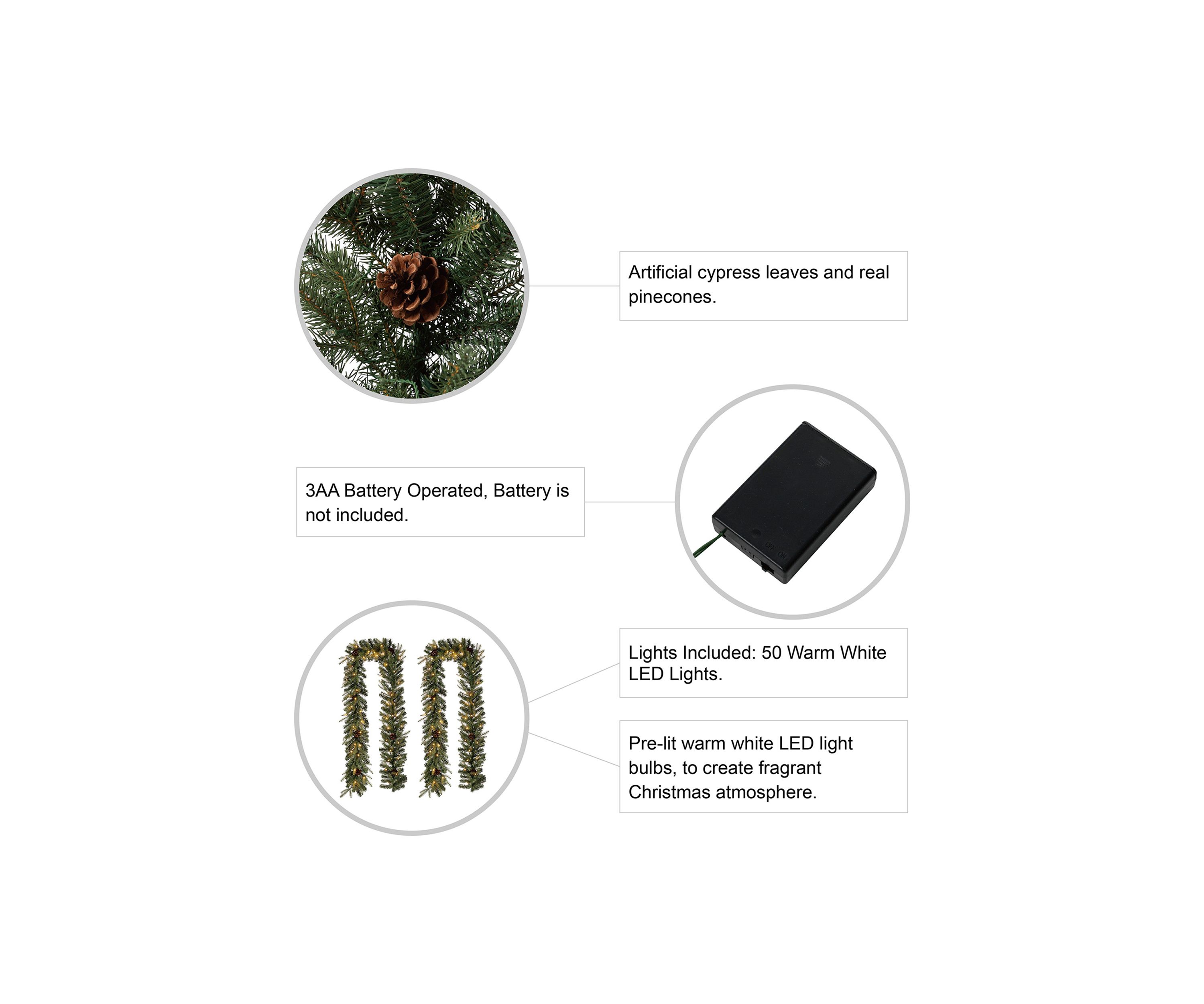2 Pack Pre-Lit Greenery Pine Cone Christmas Garland with Warm White LED Lights