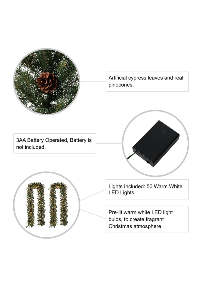2 Pack Pre-Lit Greenery Pine Cone Christmas Garland with Warm White LED Lights