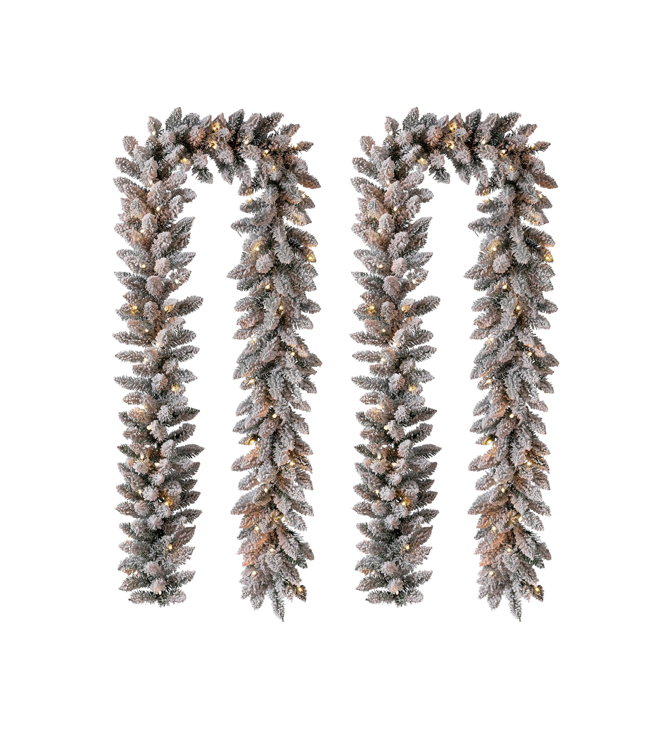 2 Pack Pre-Lit Snow Flocked Christmas Garland, with Warm White LED Lights