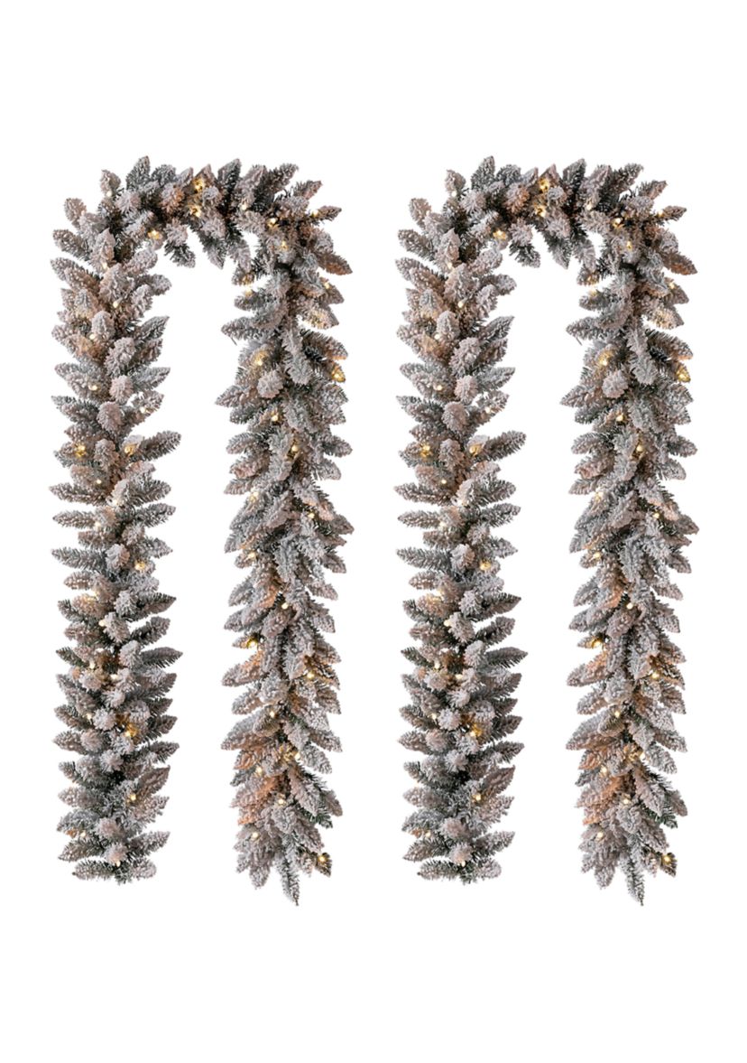 2 Pack Pre-Lit Snow Flocked Christmas Garland, with Warm White LED Lights