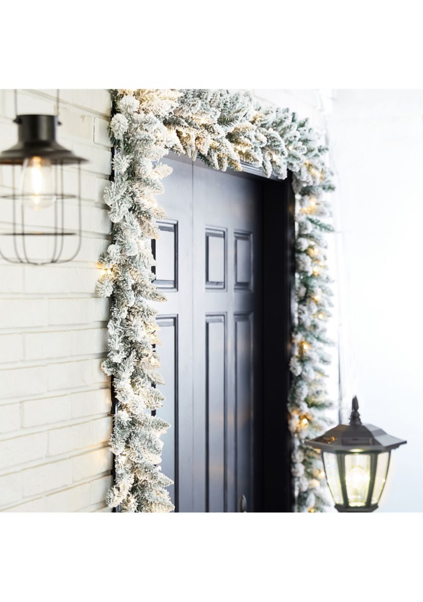 2 Pack Pre-Lit Snow Flocked Christmas Garland, with Warm White LED Lights