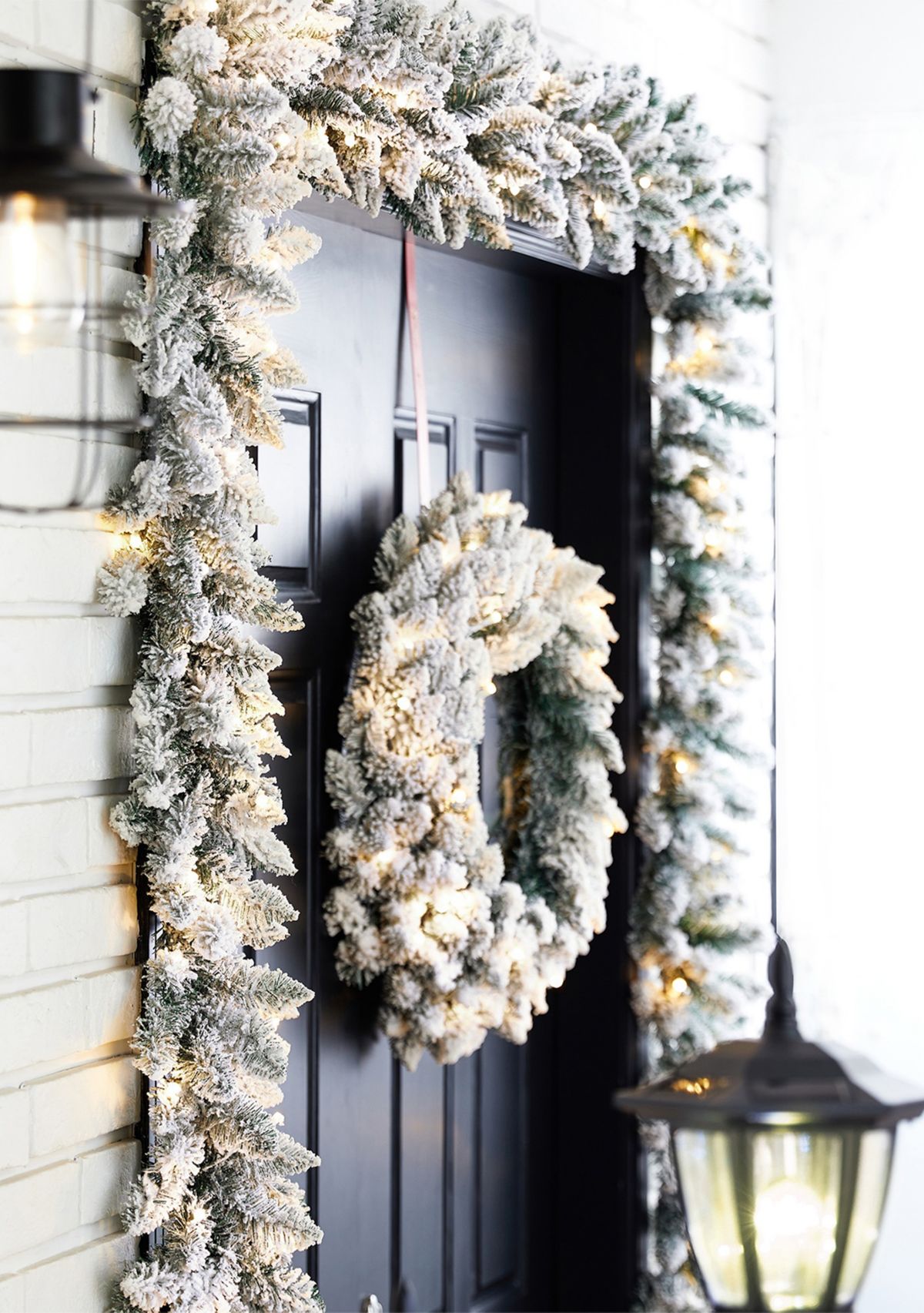 Pre-Lit Snow Flocked Christmas Wreath and Matched 2 Pack Garland Set