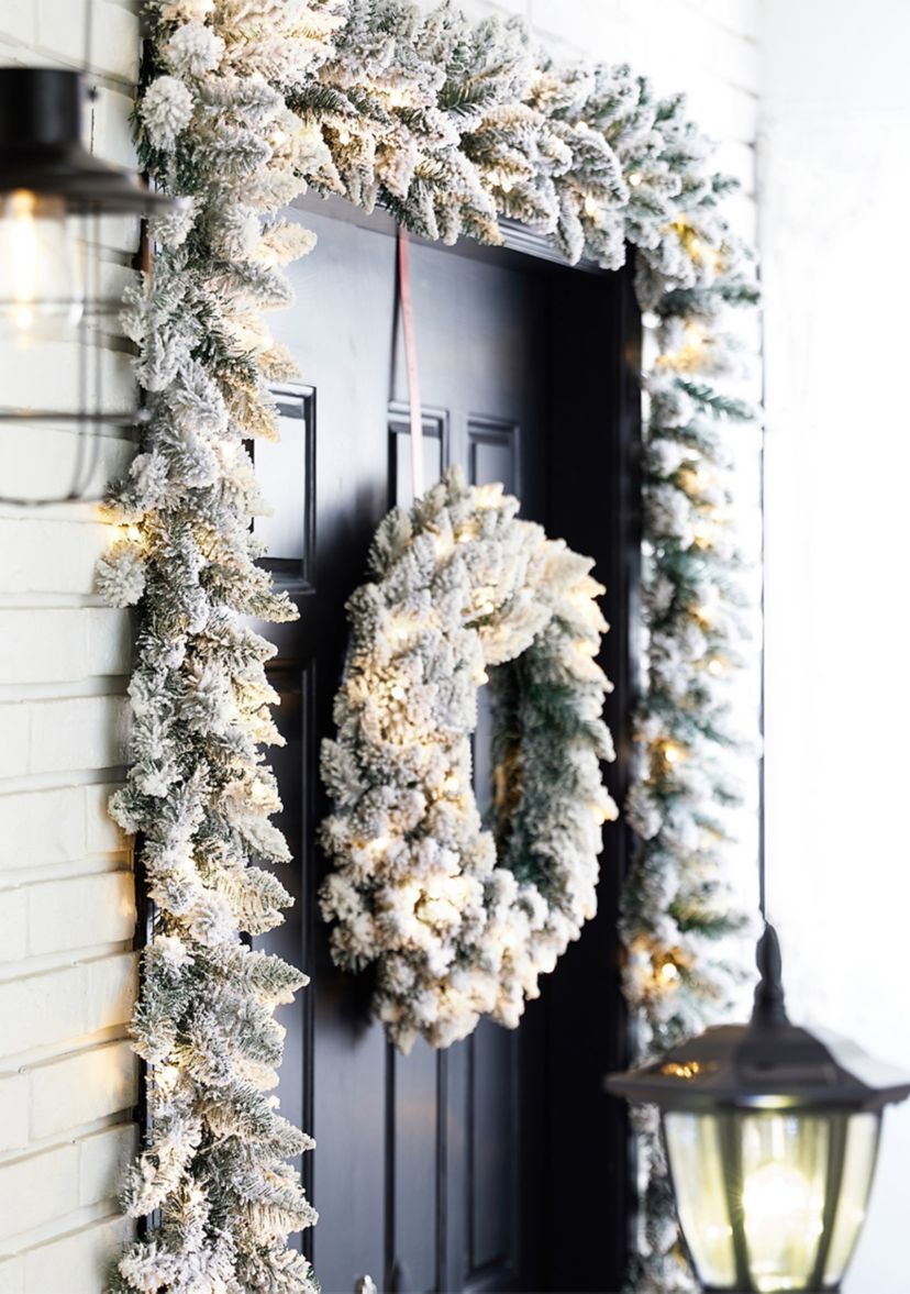 Pre-Lit Snow Flocked Christmas Wreath and Matched 2 Pack Garland Set